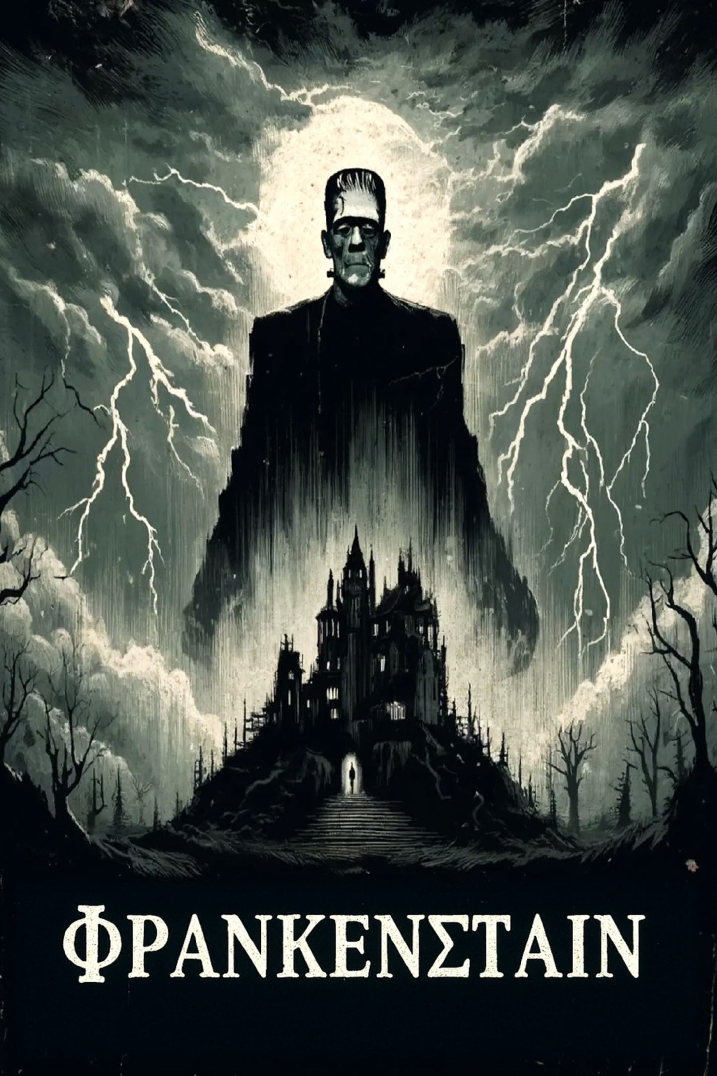 Dark and eerie poster of Frankenstein with a castle and lightning in the background