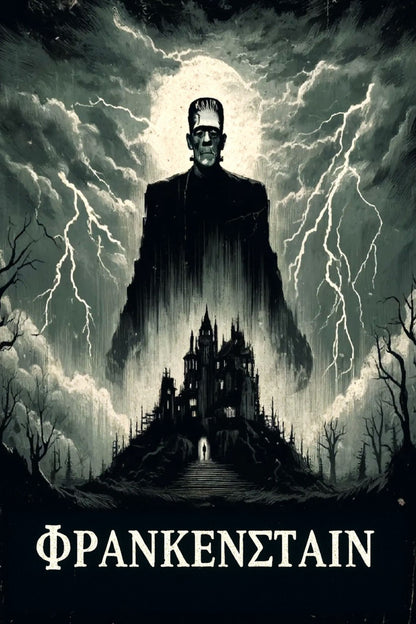 Dark and eerie poster of Frankenstein with a castle and lightning in the background