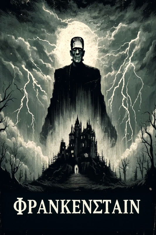 Dark and eerie poster of Frankenstein with a castle and lightning in the background