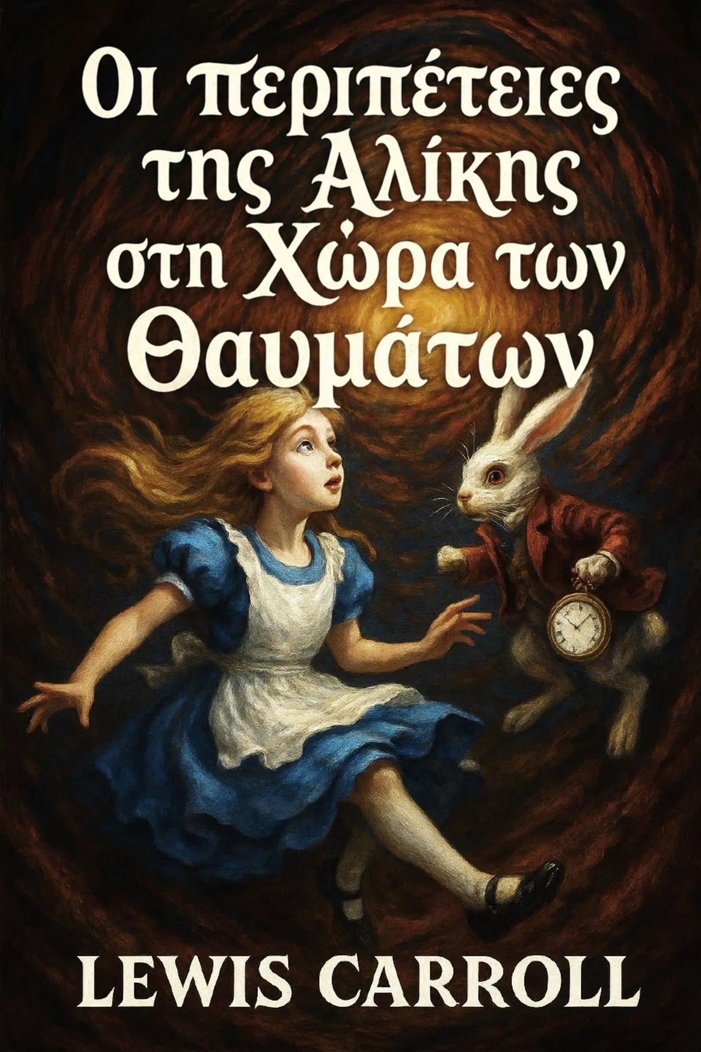 Greek edition book cover of Lewis Carroll's 'Οι περιπέτειες της Αλίκης στη Χώρα των Θαυμάτων' featuring Alice in her blue and white dress running toward the White Rabbit, set against a dark swirling background with the title and author name in white text.