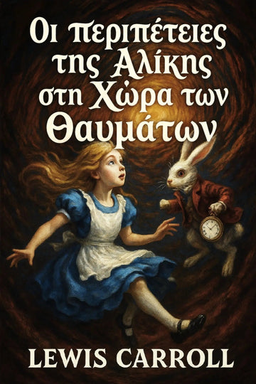 Greek edition book cover of Lewis Carroll's 'Οι περιπέτειες της Αλίκης στη Χώρα των Θαυμάτων' featuring Alice in her blue and white dress running toward the White Rabbit, set against a dark swirling background with the title and author name in white text.