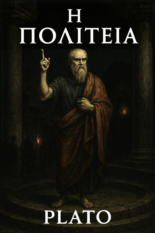 Book cover for 'Η Πολιτεία' showing Plato standing in a dim interior with columns, wearing a brown and black robe and gesturing upward. 