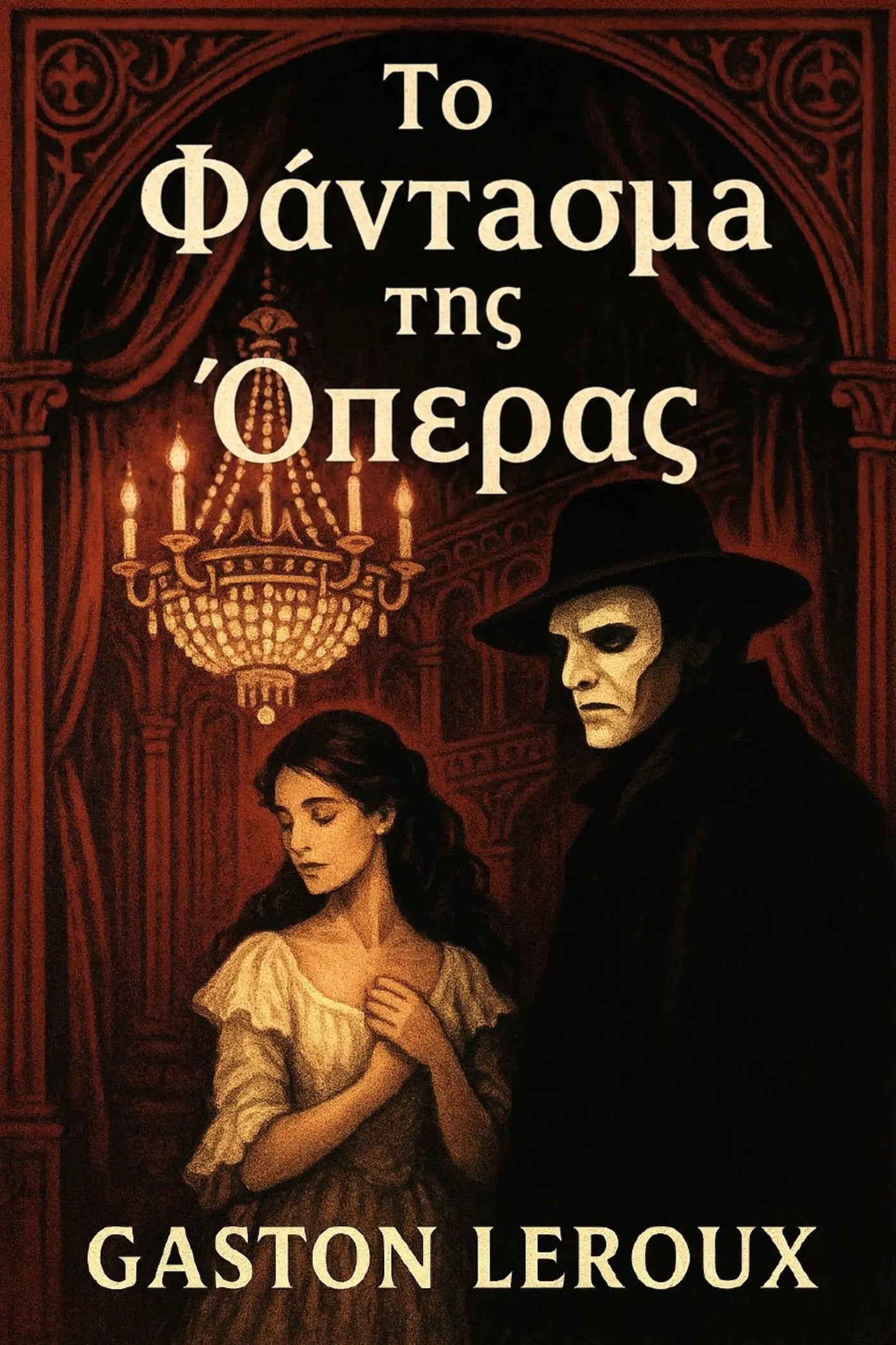 Book cover for 'Το Φάντασμα της Όπερας' by Gaston Leroux, featuring a dark, gothic illustration of a woman in a white dress and a shadowy man in a black hat and coat, with a chandelier and red curtains in the background.