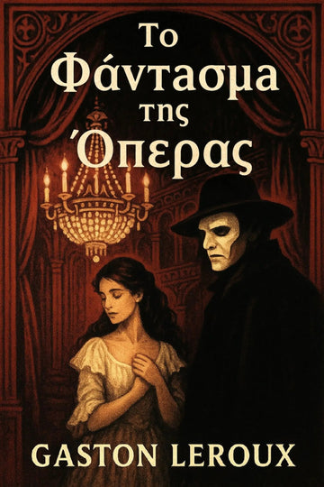Book cover for 'Το Φάντασμα της Όπερας' by Gaston Leroux, featuring a dark, gothic illustration of a woman in a white dress and a shadowy man in a black hat and coat, with a chandelier and red curtains in the background.