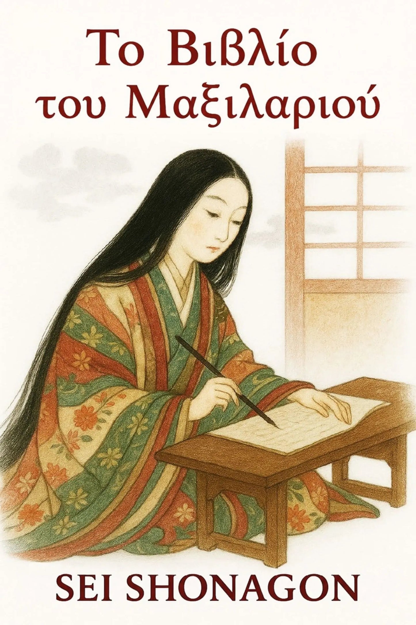 Book cover for 'Το Βιβλίο του Μαξιλαριού' by Sei Shonagon, featuring an illustration of a woman in a traditional Japanese kimono writing in a studio.