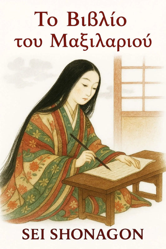 Book cover for 'Το Βιβλίο του Μαξιλαριού' by Sei Shonagon, featuring an illustration of a woman in a traditional Japanese kimono writing in a studio.