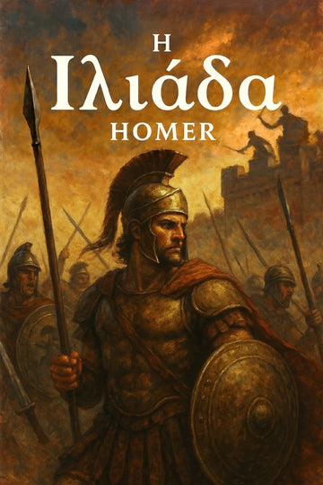 Illustrated book cover for 'Η Ιλιάδα', showing a bronze-armored warrior holding a spear and shield in a smoky battle scene.