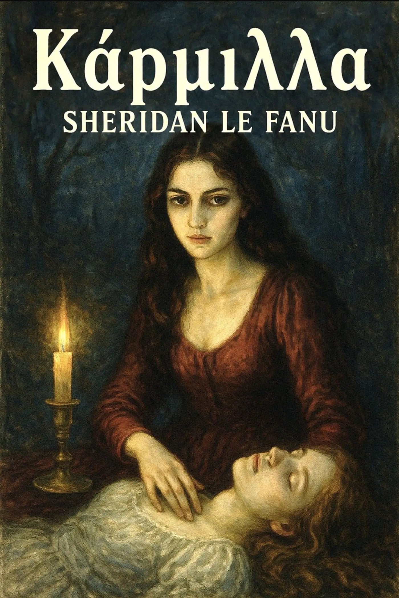 Book cover for 'Κάρμιλλα' by Sheridan Le Fanu, featuring a dark, painterly illustration of a woman in a burgundy dress beside a candlelit figure lying down.