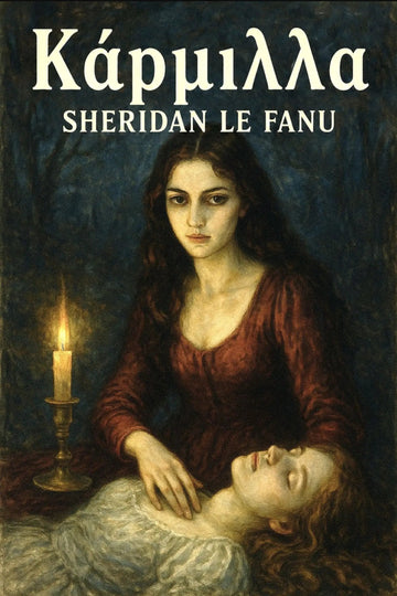 Book cover for 'Κάρμιλλα' by Sheridan Le Fanu, featuring a dark, painterly illustration of a woman in a burgundy dress beside a candlelit figure lying down.