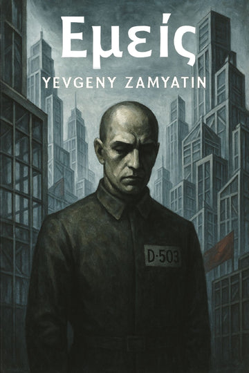 Book cover of 'Εμείς' by Yevgeny Zamyatin featuring a man in a prison uniform against a cityscape.
