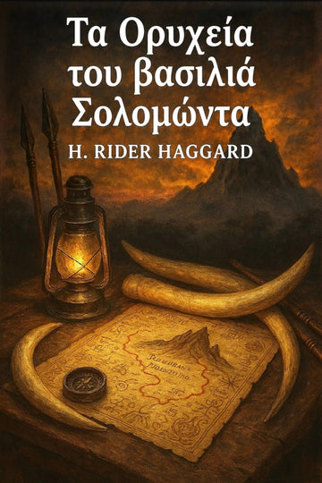 Book cover for 'Τα Ορυχεία του βασιλιά Σολομώντα' by H. Rider Haggard, featuring an illustrated scene with a lantern, treasure map, tusks, and a mountain under a fiery sky.