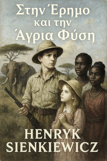 Book cover for 'Στην Έρημο και την Άγρια Φύση' by Henryk Sienkiewicz, featuring an illustration of a young man in safari attire holding a rifle, accompanied by two children and another figure, with an elephant in the background under a pale sky.