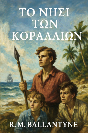 Book cover of 'Το Νησί των Κοραλλιών' by R.M. Ballantyne with a man and two boys on a beach.