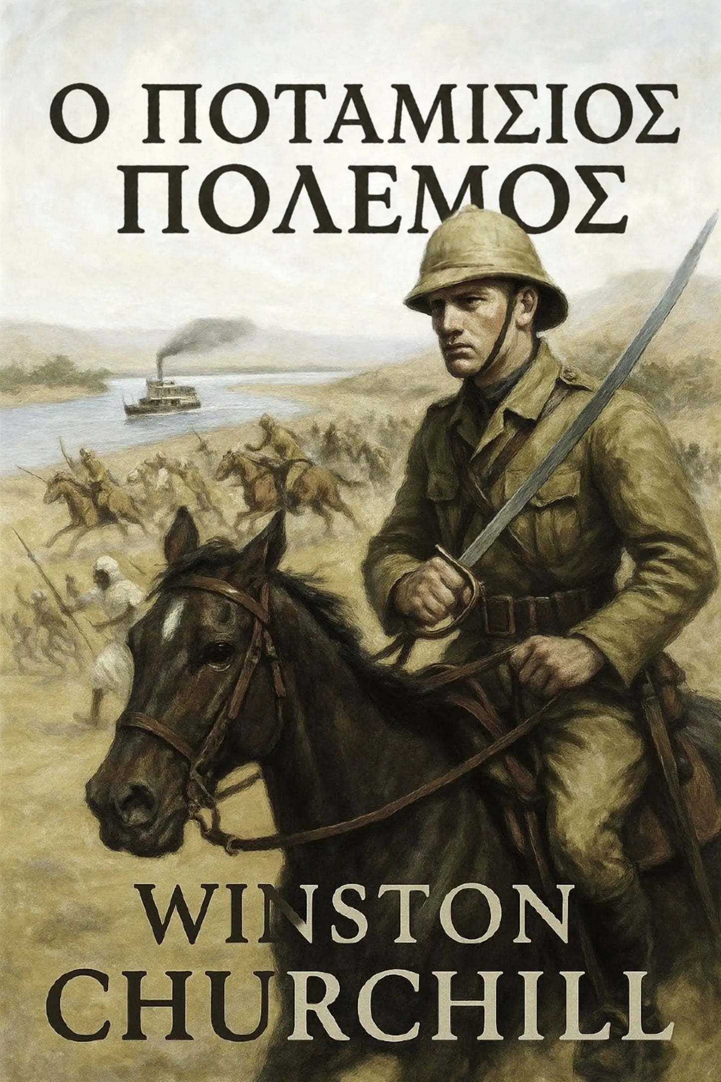 Book cover for 'Ο Ποταμίσιος Πόλεμος' by Winston Churchill, featuring a historical illustration of a soldier on horseback holding a sword, with a river scene and steamboat in the background.