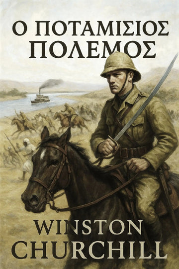 Book cover for 'Ο Ποταμίσιος Πόλεμος' by Winston Churchill, featuring a historical illustration of a soldier on horseback holding a sword, with a river scene and steamboat in the background.