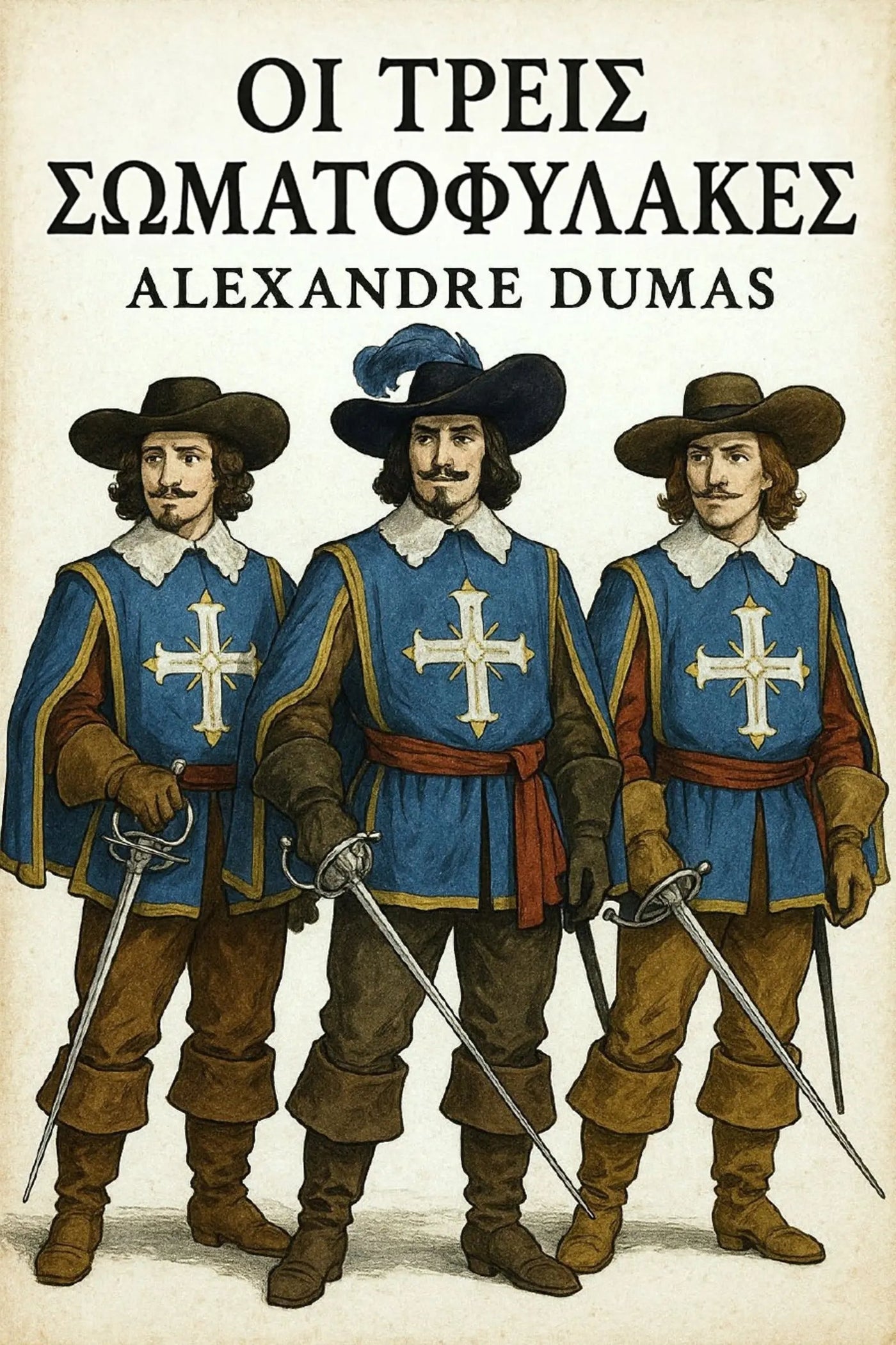 Book cover for 'Οι Τρεις Σωματοφύλακες' by Alexandre Dumas, featuring an illustration of three historical soldiers in blue tunics with white crosses, brown hats and boots, and swords.