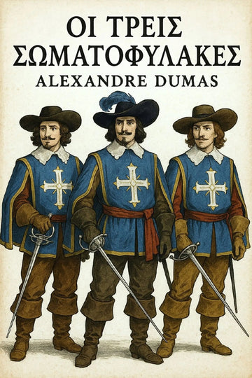 Book cover for 'Οι Τρεις Σωματοφύλακες' by Alexandre Dumas, featuring an illustration of three historical soldiers in blue tunics with white crosses, brown hats and boots, and swords.