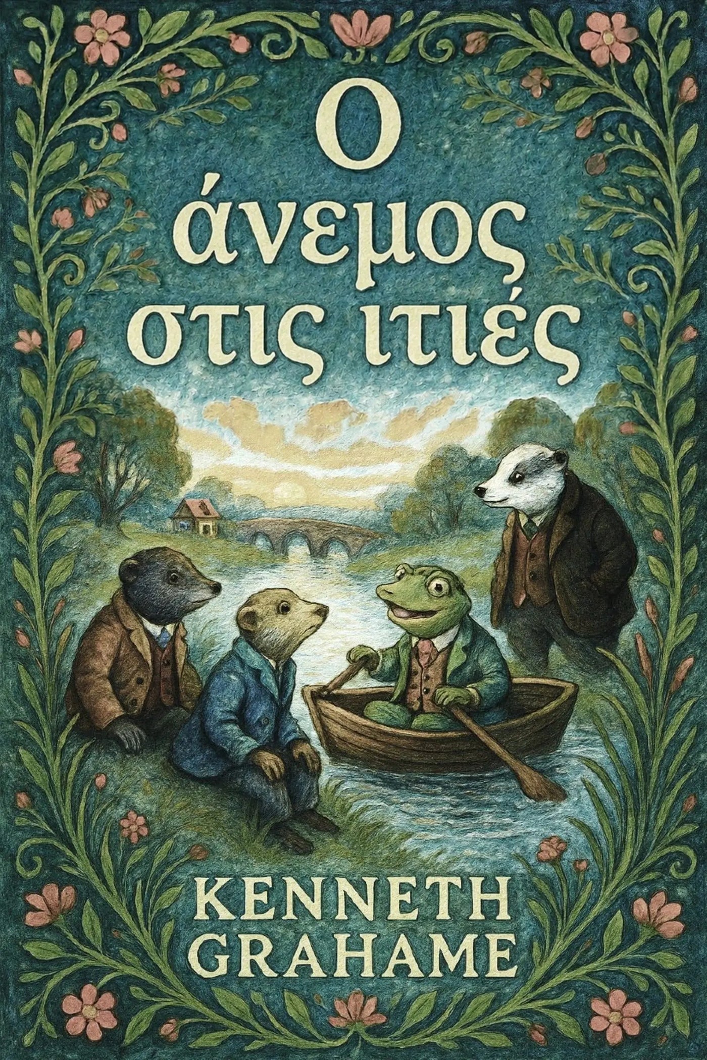 Book cover for 'Ο άνεμος στις ιτιές' by Kenneth Grahame, featuring an ornate teal and green border with flowers and trees, and an illustration of four anthropomorphic animals rowing in a riverboat.