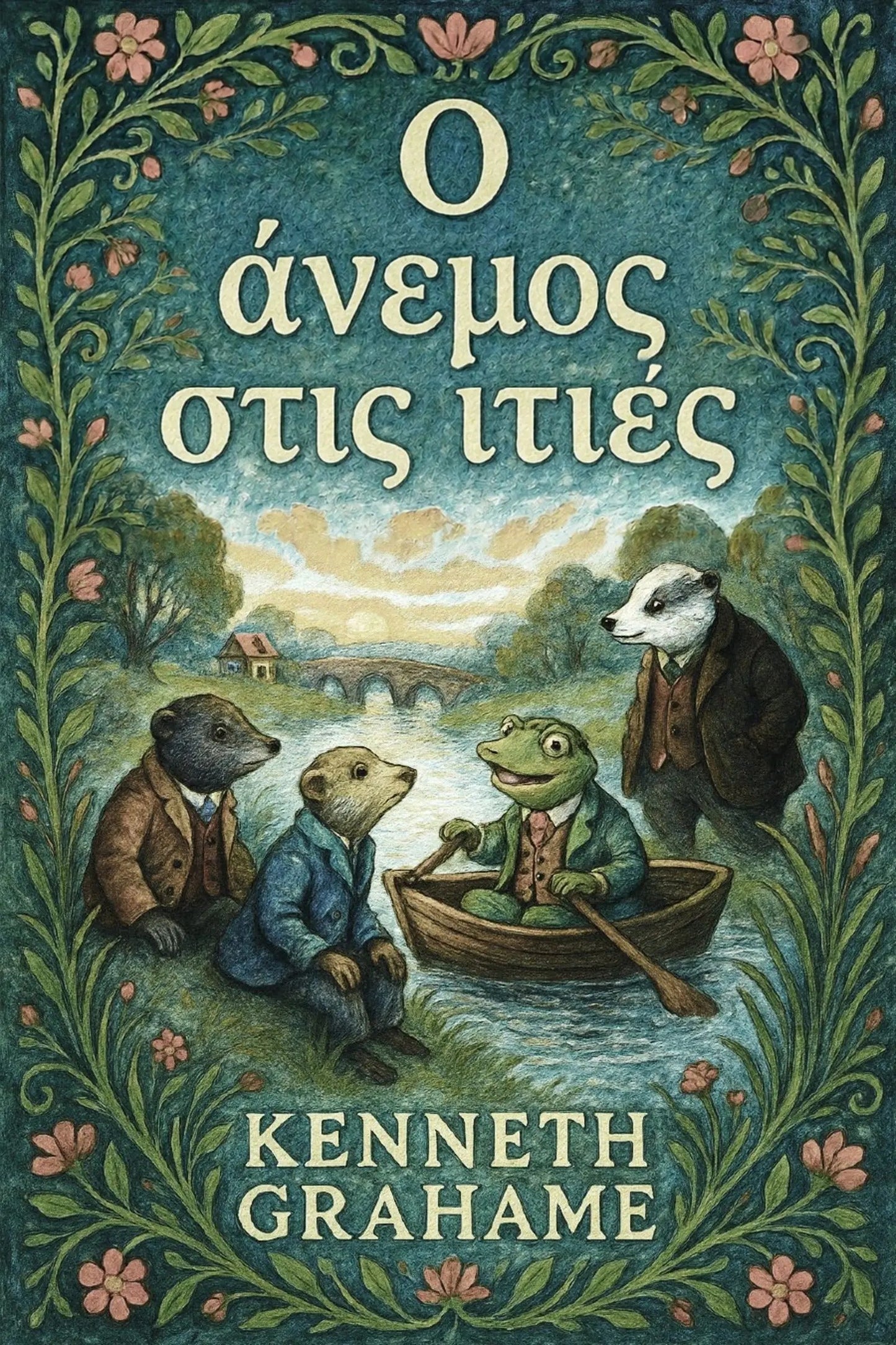 Book cover for 'Ο άνεμος στις ιτιές' by Kenneth Grahame, featuring an ornate teal and green border with flowers and trees, and an illustration of four anthropomorphic animals rowing in a riverboat.
