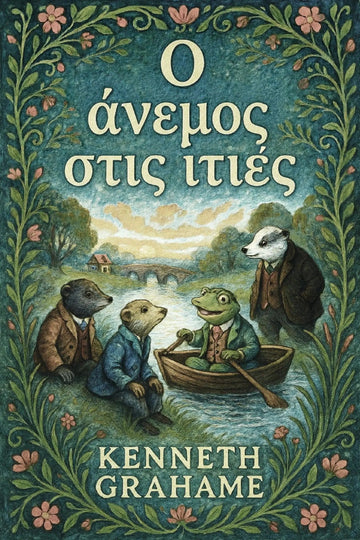 Book cover for 'Ο άνεμος στις ιτιές' by Kenneth Grahame, featuring an ornate teal and green border with flowers and trees, and an illustration of four anthropomorphic animals rowing in a riverboat.