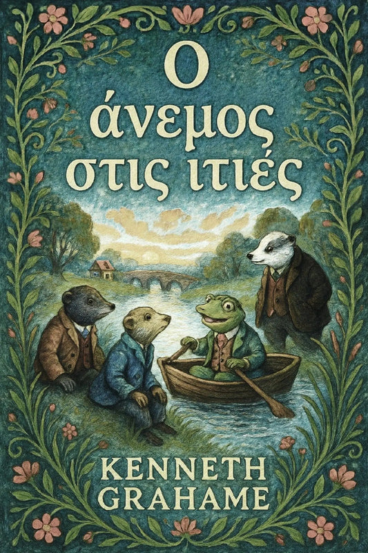 Book cover for 'Ο άνεμος στις ιτιές' by Kenneth Grahame, featuring an ornate teal and green border with flowers and trees, and an illustration of four anthropomorphic animals rowing in a riverboat.