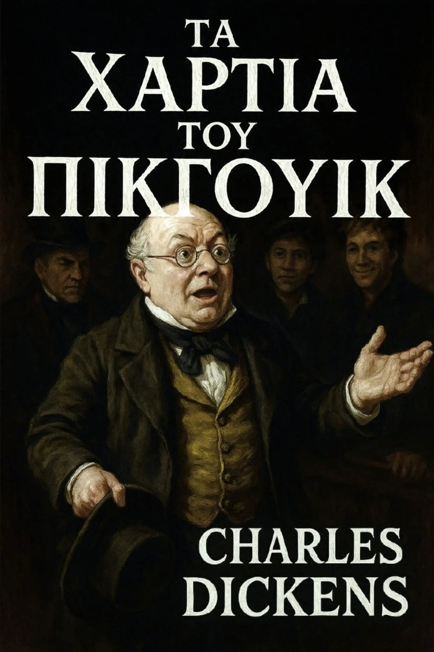 Book cover for 'Τα χαρτιά του Πίκγουικ' by Charles Dickens, featuring a dark classical painting of Charles Dickens in a brown coat and vest, with white text on a black background.