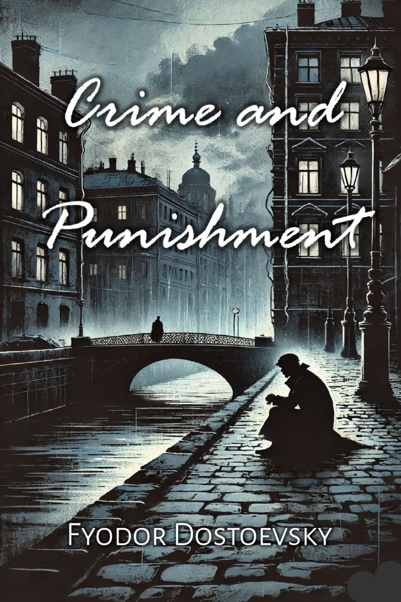 Cover of the book 'Crime and Punishment' by Fyodor Dostoevsky, featuring a person sitting on a bench in a quiet street at night with buildings and a lamp in the background.