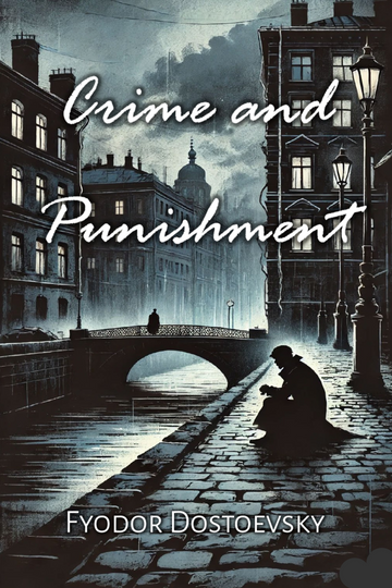 Cover of the book 'Crime and Punishment' by Fyodor Dostoevsky, featuring a person sitting on a bench in a quiet street at night with buildings and a lamp in the background.
