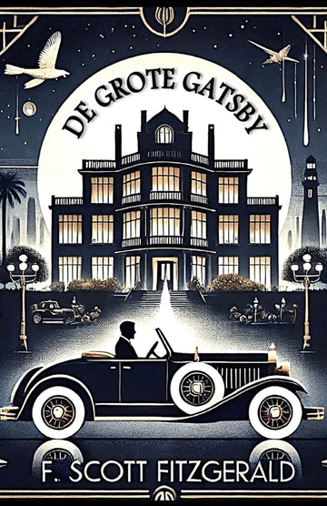 Book cover of 'De grote Gatsby' with a mansion and vintage car illustration.