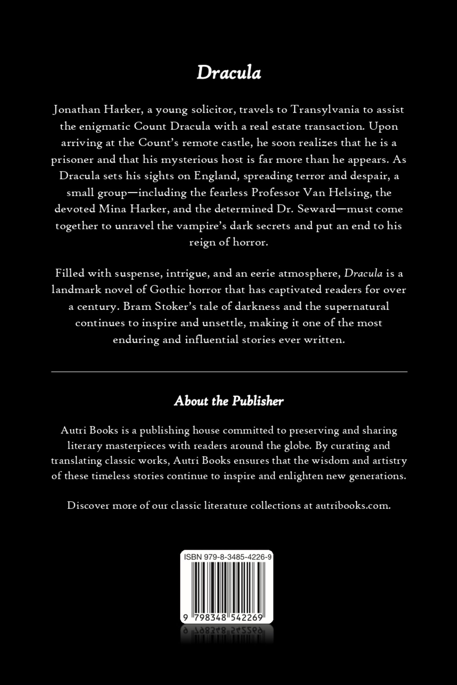 Book cover of 'Dracula' by Bram Stoker with publisher information and a barcode.