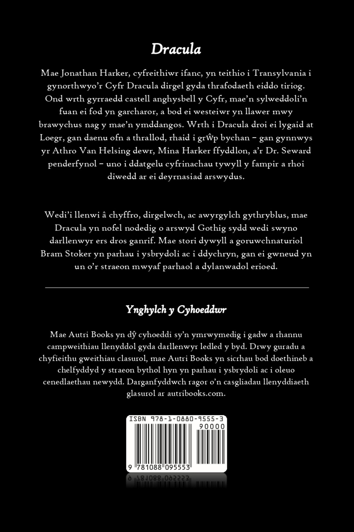 Back cover of Dracula with text in Welsh, featuring a barcode and ISBN information.