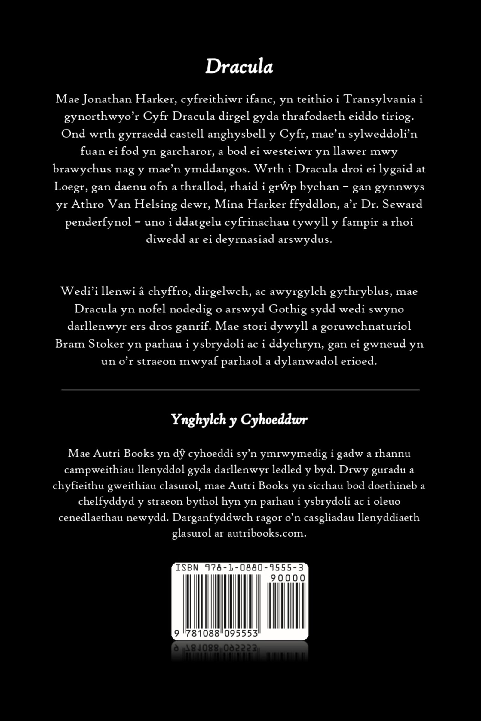 Back cover of Dracula with text in Welsh, featuring a barcode and ISBN information.