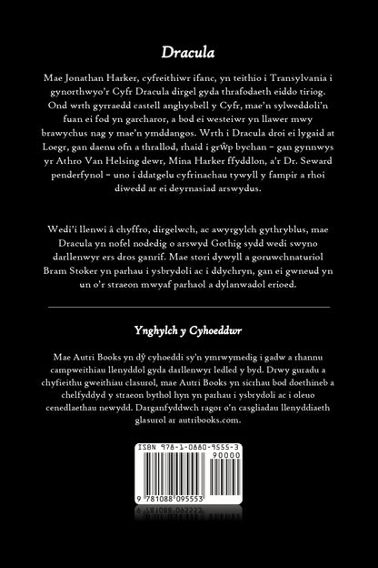 Back cover of Dracula with text in Welsh, featuring a barcode and ISBN information.