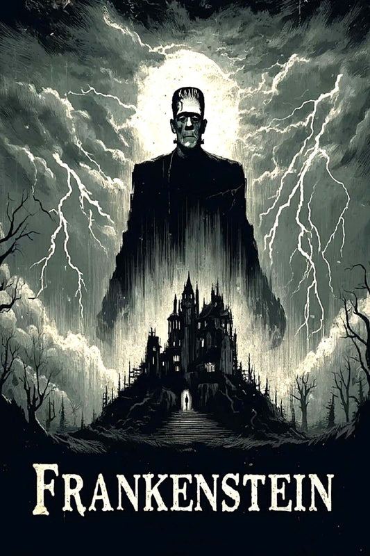 Dark and eerie depiction of Frankenstein's monster with a castle in the background, titled 'Frankenstein'.