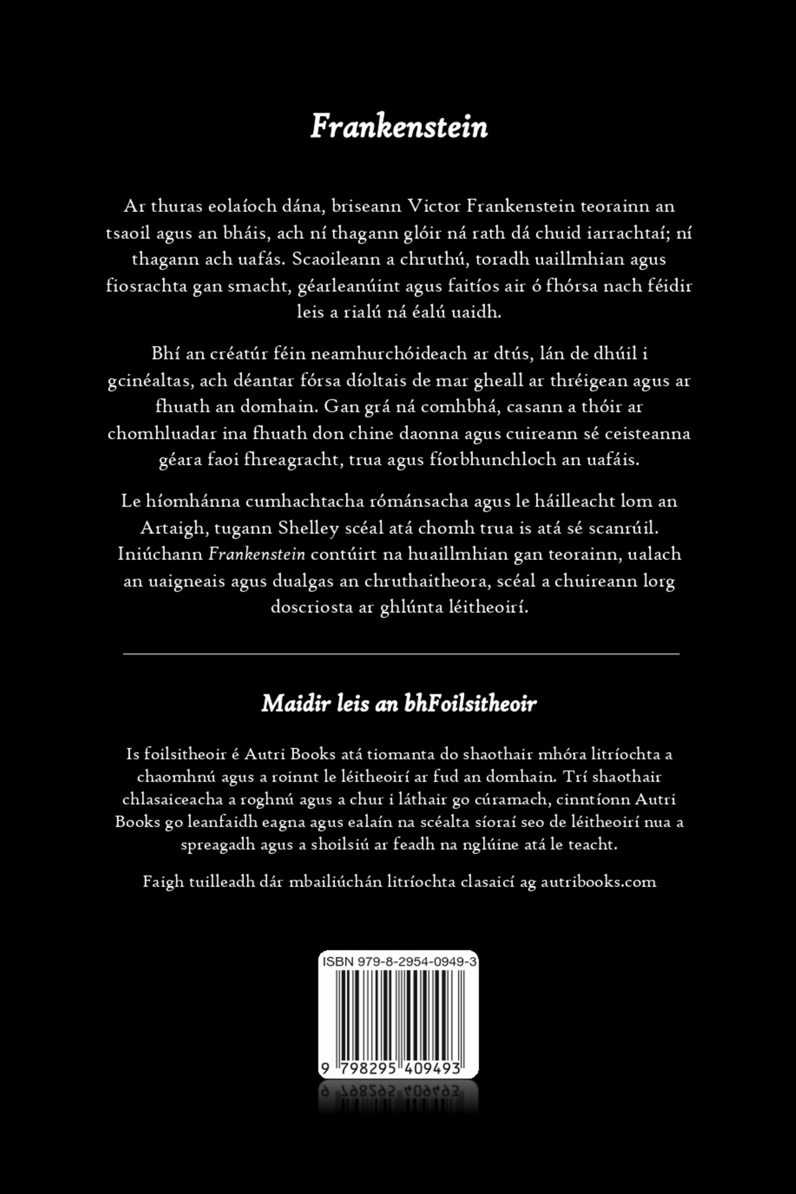 Back cover of a book titled 'Frankenstein' with text in Irish and a barcode.