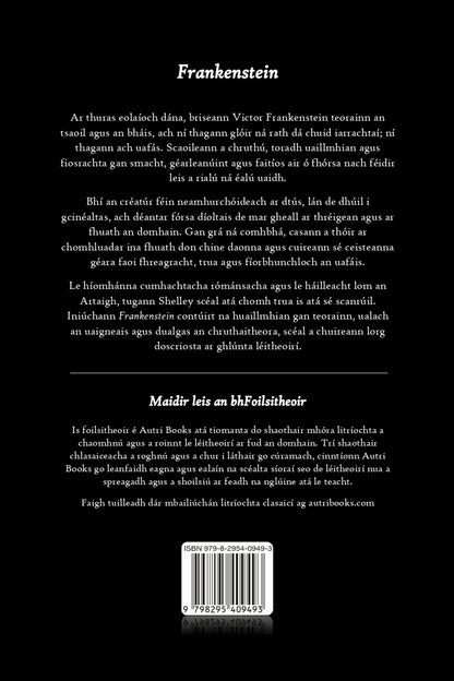 Back cover of a book titled 'Frankenstein' with text in Irish and a barcode.