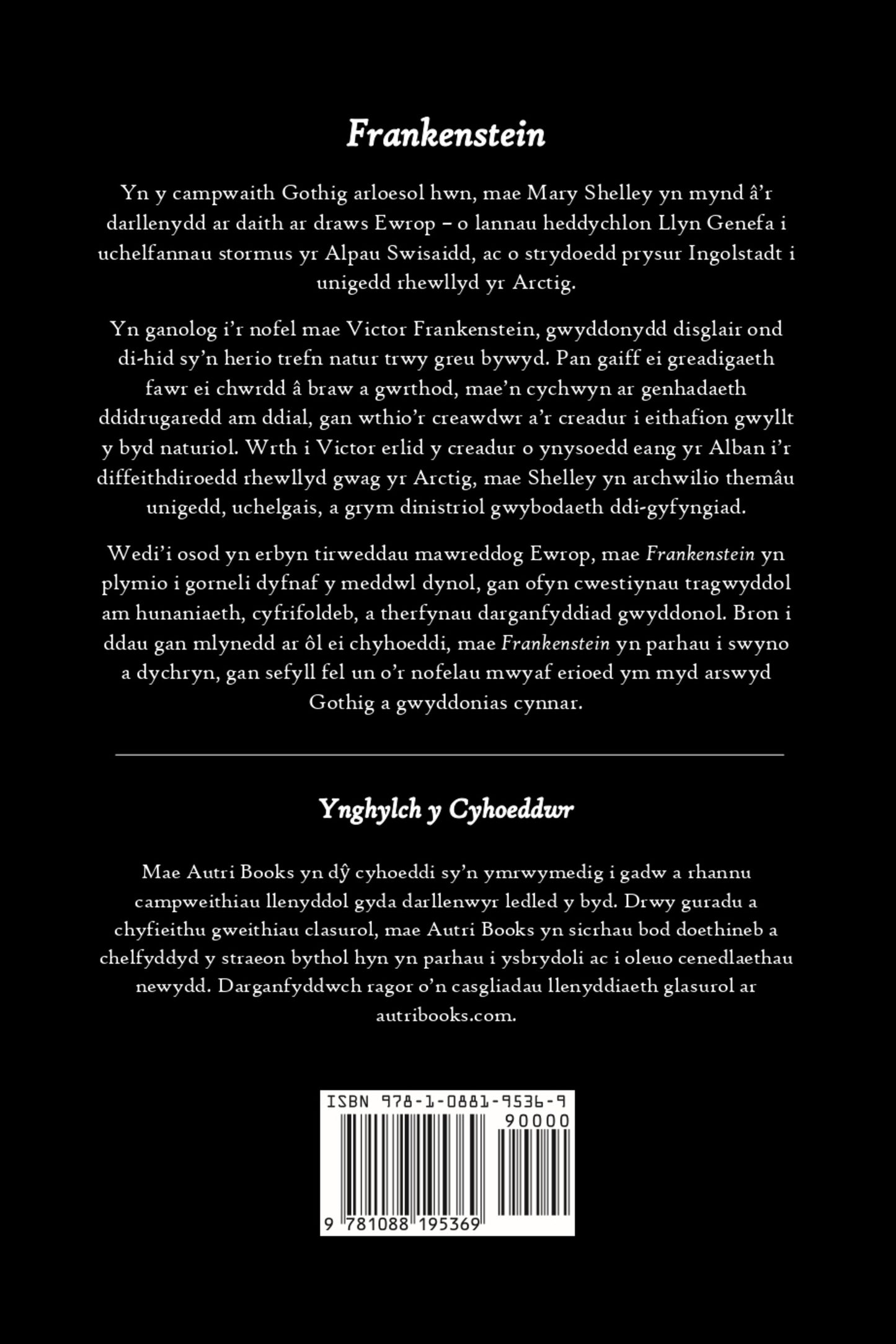 Back cover of a book titled 'Frankenstein' with text in Welsh and a barcode.