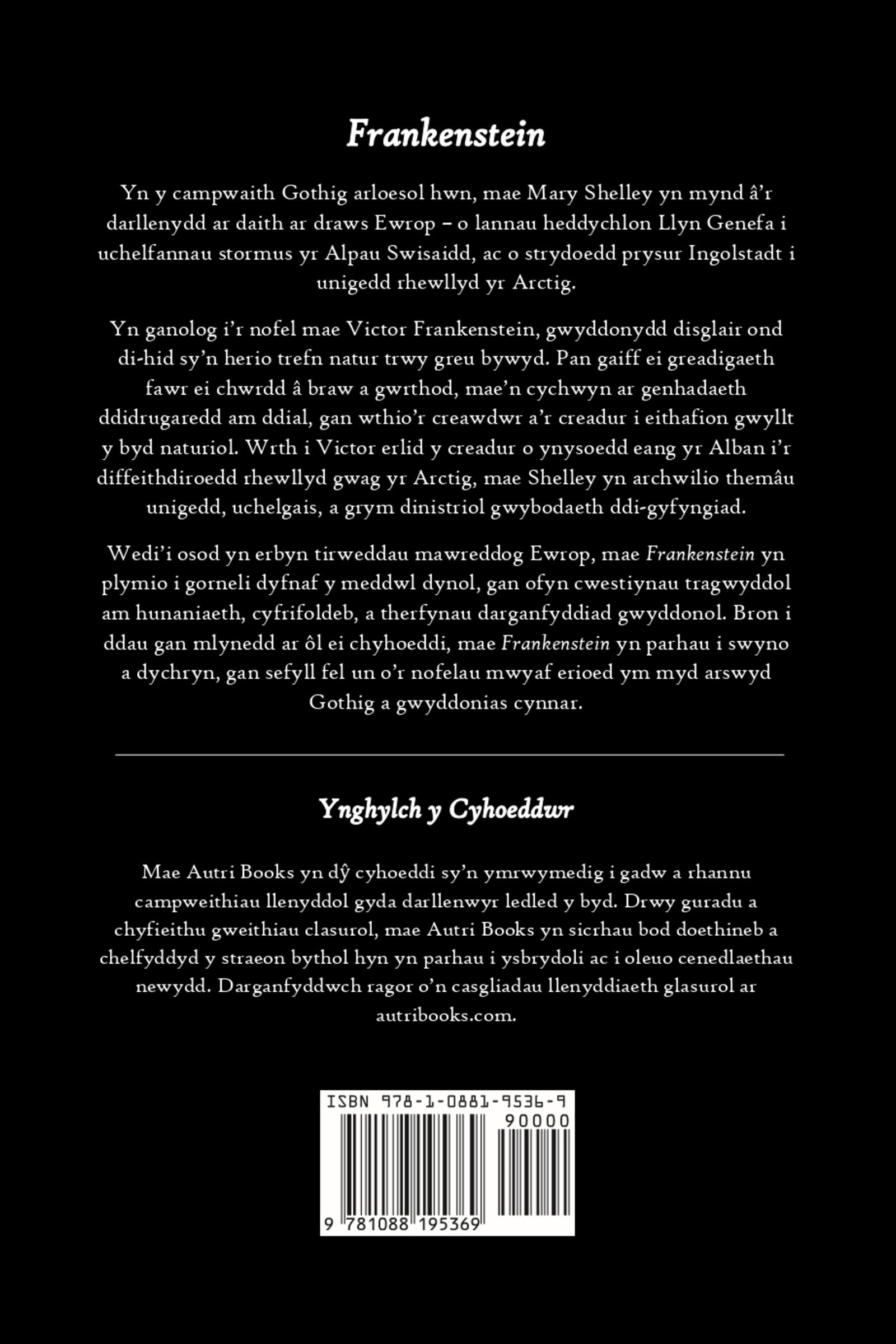 Back cover of a book titled 'Frankenstein' with text in Welsh and a barcode.