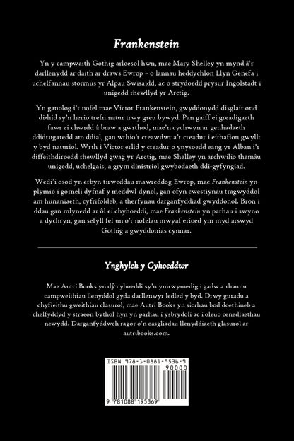 Back cover of a book titled 'Frankenstein' with text in Welsh and a barcode.