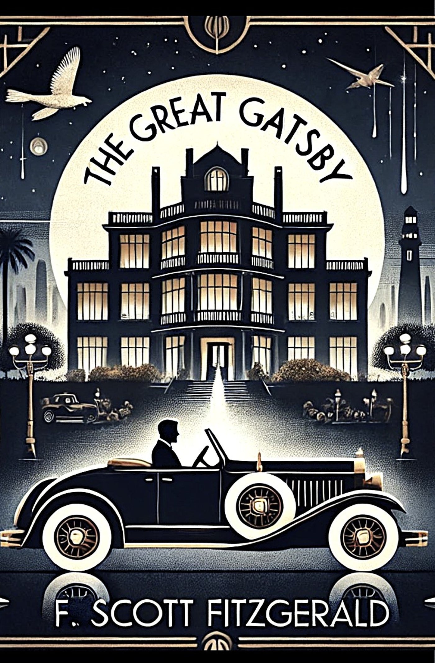 Cover of 'The Great Gatsby' featuring a stylized illustration of a man in a car with a large house in the background, night-time setting with lights and a full moon.