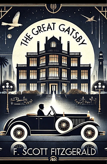 Cover of 'The Great Gatsby' featuring a stylized illustration of a man in a car with a large house in the background, night-time setting with lights and a full moon.