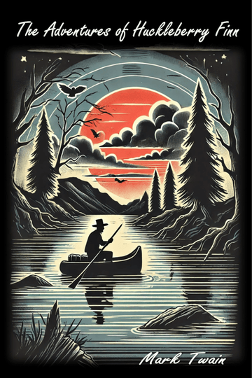 Illustration of a person in a canoe on a lake with a sunset and trees, inspired by 'The Adventures of Huckleberry Finn' by Mark Twain.