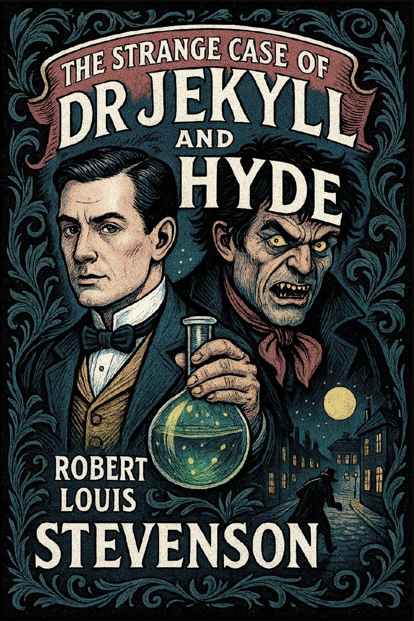 Book cover of 'The Strange Case of Dr Jekyll and Hyde' by Robert Louis Stevenson with illustrations of Dr Jekyll and Hyde.