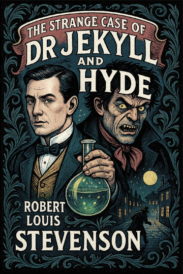 Book cover of 'The Strange Case of Dr Jekyll and Hyde' by Robert Louis Stevenson with illustrations of Dr Jekyll and Hyde.
