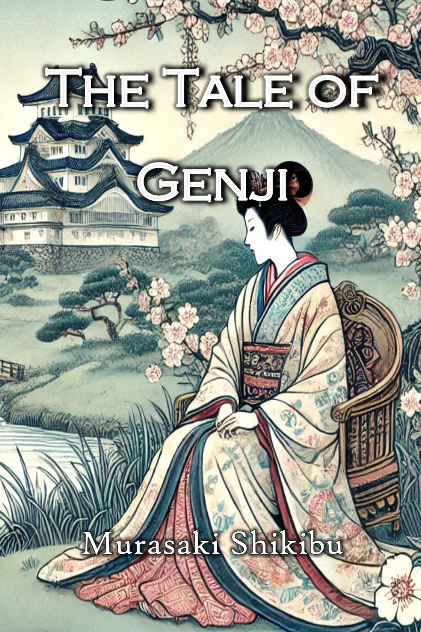 Book cover of 'The Tale of Genji' with a woman in traditional Japanese attire and cherry blossoms.