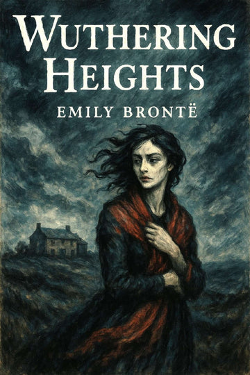 Book cover of 'Wuthering Heights' by Emily Bronté featuring a woman in a red coat against a stormy sky.